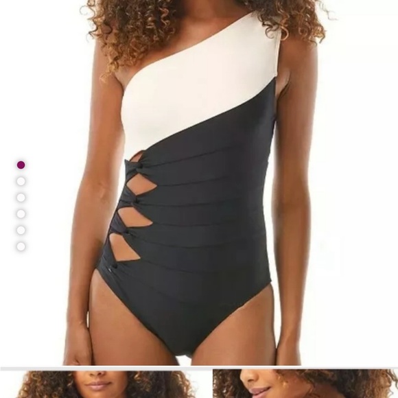 Carmen Marc Valvo Colorblocked Black One Shoulder Swimsuit Size 6 - Picture 1 of 2